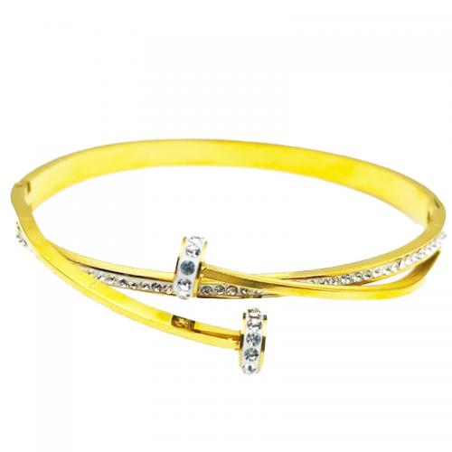 304 Stainless Steel Bangle, gold color plated, for woman & with rhinestone, Inner Approx 