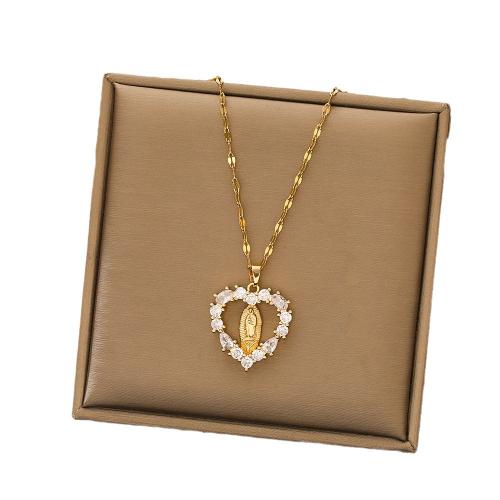 304 Stainless Steel Necklace, Heart, gold color plated, wave chain & micro pave cubic zirconia & for woman & hollow Approx 17.7 Inch 