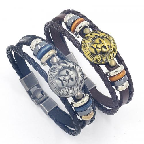 Cowhide Bracelet, with PU Leather & Zinc Alloy, Lion, plated, multilayer & for man Approx 8.3 Inch [