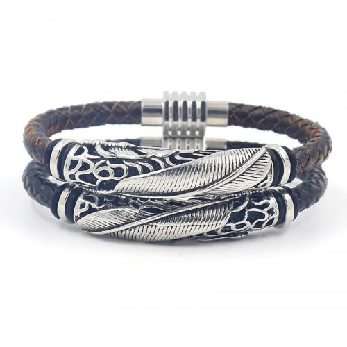 Cowhide Bracelet, with Zinc Alloy, Feather, plated, for man & hollow [
