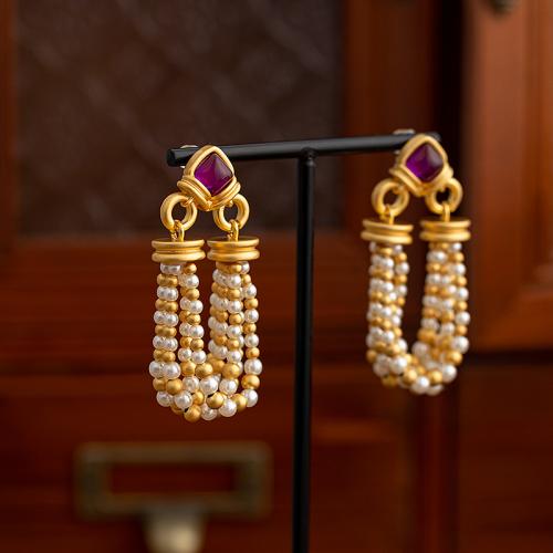 Messing Tropfen Ohrring, mit Kunststoff Perlen, 18K vergoldet, Modeschmuck & für Frau, 60x20mm, verkauft von Paar