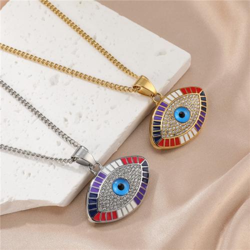 Evil Eye Jewelry Necklace, 304 Stainless Steel, fashion jewelry & for woman & with rhinestone Approx 55 cm 