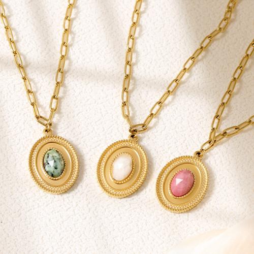 Gemstone Necklaces, 316L Stainless Steel, with Natural Stone, with 8cm extender chain, Flat Oval, Vacuum Ion Plating, fashion jewelry & for woman nickel, lead & cadmium free Approx 42 cm 