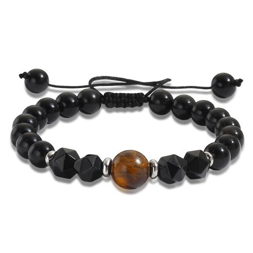 Gemstone Bracelets, Black Diamond, with Knot Cord & Tiger Eye & Brass, Round, silver color plated, Adjustable & fashion jewelry & Unisex, mixed colors, nickel, lead & cadmium free 