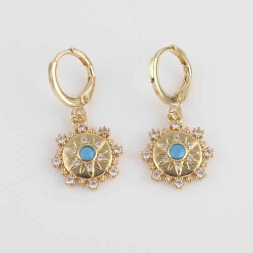 Cubic Zirconia Micro Pave Brass Earring, with turquoise, gold color plated, micro pave cubic zirconia & for woman, blue 