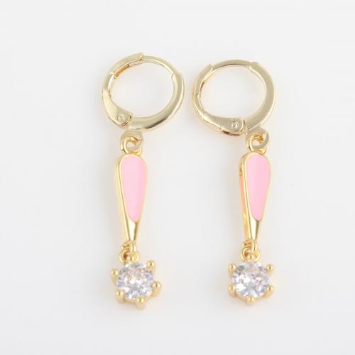 Cubic Zircon Brass Earring, gold color plated, micro pave cubic zirconia & for woman & enamel, pink 