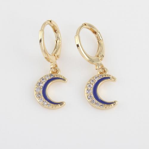 Cubic Zirconia Micro Pave Brass Earring, Moon, gold color plated, micro pave cubic zirconia & for woman & enamel, blue 