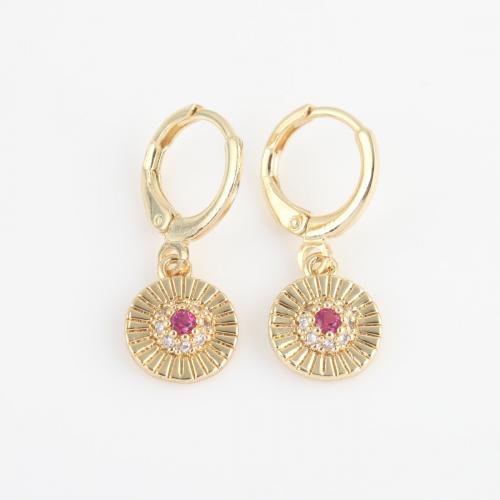 Cubic Zirconia Micro Pave Brass Earring, Round, gold color plated, micro pave cubic zirconia & for woman, pink 