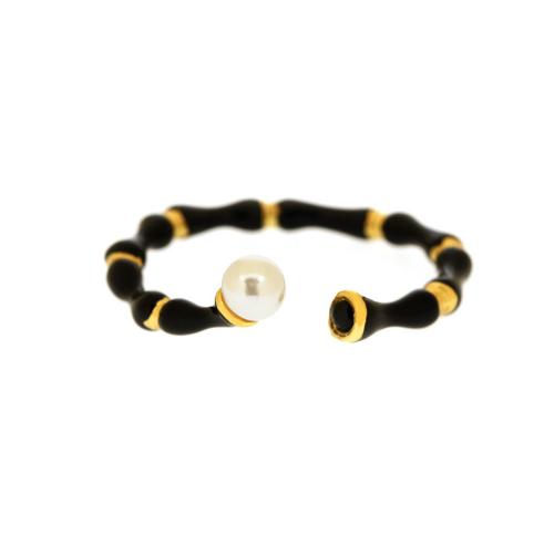 Brass Finger Ring, with Plastic Pearl, gold color plated, fashion jewelry & for woman & enamel, black, Minimum inner mm 