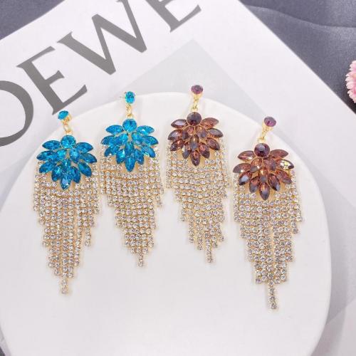 Brass Tassel Earring, with Crystal, Geometrical Pattern, gold color plated, for woman & with rhinestone 95mm 