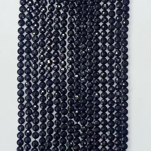 Natürliche schwarze Achat Perlen, Schwarzer Achat, flache Runde, DIY & verschiedene Größen vorhanden & facettierte, schwarz, Länge:ca. 38-39 cm, verkauft von Strang