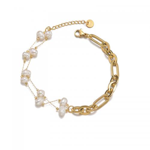 Stainless Steel Chain Bracelets, 304 Stainless Steel, with Plastic Pearl, with 1.18inch extender chain, 14K gold plated, fashion jewelry & for woman, golden Approx 7.48 Inch 
