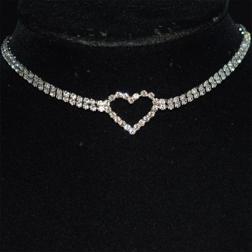 Rhinestone Brass Necklace, with 3.54inch extender chain, Heart, silver color plated, fashion jewelry & for woman & with rhinestone, silver color, 20mm Approx 11.81 Inch 
