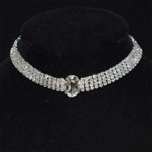 Rhinestone Brass Necklace, with Glass, with 6.69inch extender chain, silver color plated, fashion jewelry & for woman & with rhinestone, silver color Approx 10.83 Inch 
