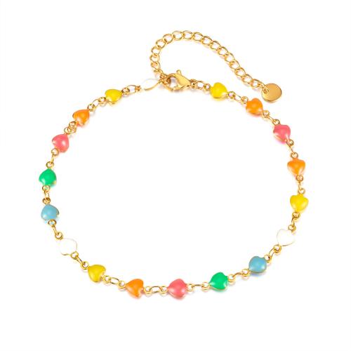 Stainless Steel Chain Bracelets, 304 Stainless Steel, with 6cm extender chain, Heart, Vacuum Ion Plating, fashion jewelry & for woman & enamel, multi-colored cm 