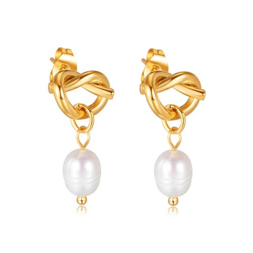 Freshwater Pearl Drop Earring, 304 Stainless Steel, with Freshwater Pearl, Heart, Vacuum Ion Plating, fashion jewelry & for woman 