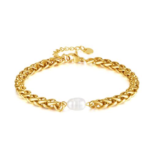 Stainless Steel Chain Bracelets, 304 Stainless Steel, with Freshwater Pearl, with 4cm extender chain, Vacuum Ion Plating, fashion jewelry & for woman mm .5 cm 