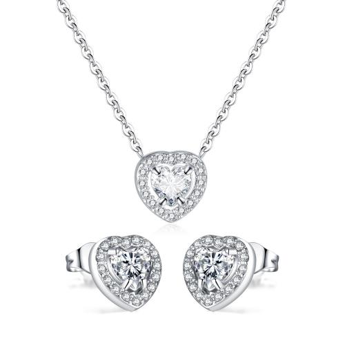 Rhinestone stainless steel Jewelry Set, 304 Stainless Steel, Stud Earring & necklace, Heart, fashion jewelry & micro pave cubic zirconia & for woman, original color [