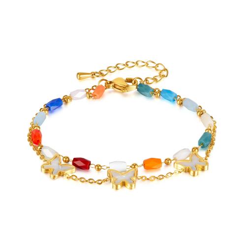 Stainless Steel Chain Bracelets, 304 Stainless Steel, with Pearl Oyster & Acrylic, with 4.5 extender chain, Butterfly, Vacuum Ion Plating, fashion jewelry & for woman, mixed colors cm 