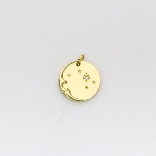 Brass Jewelry Pendants, with Cubic Zirconia, Flat Round, gold color plated, DIY 