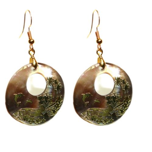 Abalone Shell Earring, with Zinc Alloy, Round, gold color plated, for woman, yellow 