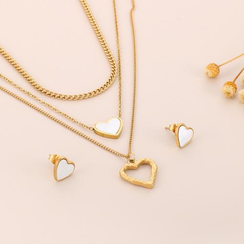 Fashion Stainless Steel Jewelry Sets, 304 Stainless Steel, Stud Earring & necklace, with Shell, Heart, gold color plated, fashion jewelry & for woman 