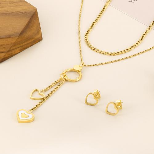Fashion Stainless Steel Jewelry Sets, 304 Stainless Steel, Stud Earring & necklace, with Shell, Heart, 18K gold plated, fashion jewelry & for woman 
