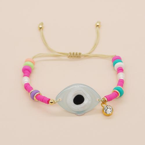 Evil Eye Jewelry Bracelet, Acrylic, with Knot Cord & Polymer Clay & Rhinestone & Plastic Pearl & Zinc Alloy, gold color plated, Adjustable & fashion jewelry & Unisex, mixed colors Approx 28 cm 