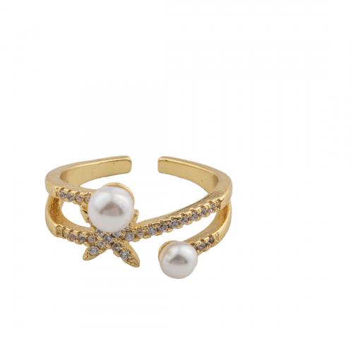 Cubic Zirconia Micro Pave Brass Finger Ring, with Plastic Pearl, 14K gold plated, fashion jewelry & micro pave cubic zirconia & for woman Inner Approx 18mm 