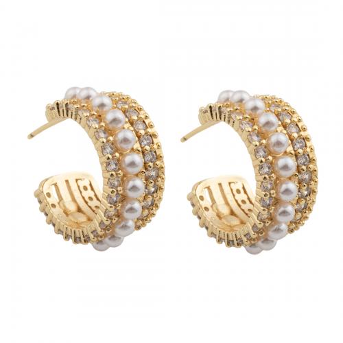 Cubic Zirconia Micro Pave Brass Earring, with Plastic Pearl, 14K gold plated, fashion jewelry & micro pave cubic zirconia & for woman 