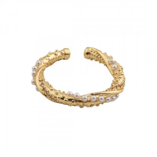 Anillo de dedo de latón, metal, con Perlas plásticas, chapado en oro de 14 K, Joyería & para mujer, 24x24x3mm, diámetro interior:aproximado 18mm, Vendido por UD