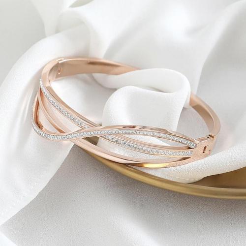 Stainless Steel Bangle, 316L Stainless Steel, rose gold color plated, fashion jewelry & for woman & with rhinestone, Inner Approx 6mm [