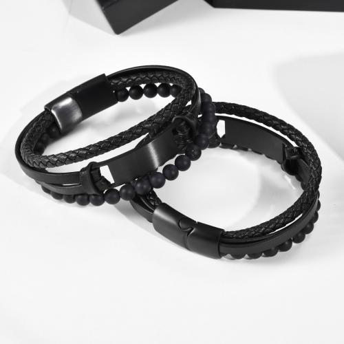 PU Leather Cord Bracelets, 304 Stainless Steel, with PU Leather & Black Agate, polished, three layers & fashion jewelry & for man Approx 8.27 Inch 