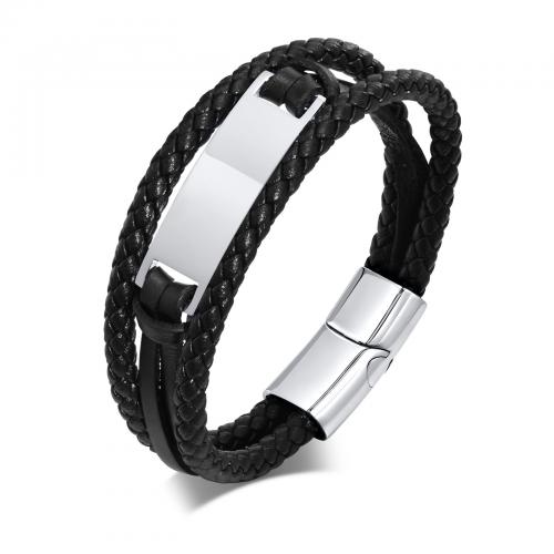 PU Leather Cord Bracelets, 304 Stainless Steel, with Microfiber PU, polished, three layers & fashion jewelry & for man Approx 8.27 Inch 
