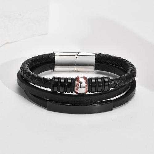 PU Leather Cord Bracelets, 304 Stainless Steel, with Microfiber PU, polished, three layers & for man, black Approx 8.27 Inch 