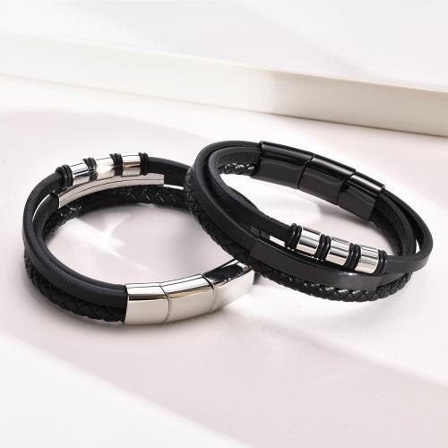 PU Leather Cord Bracelets, 304 Stainless Steel, with PU Leather, polished, three layers & fashion jewelry & for man 