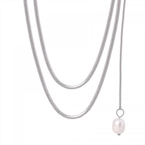 Titanium Steel Jewelry Necklace, with Freshwater Pearl, Double Layer & fashion jewelry & for woman, original color Approx 100 cm 
