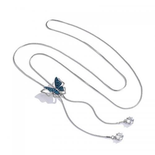 Zinc Alloy Sweater Chain Necklace, Butterfly, Adjustable & for woman & with rhinestone, silver color, 28mm Approx 35.43 Inch 