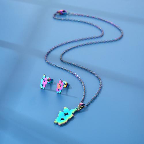 Edelstahl Schmucksets, 304 Edelstahl, Stud Ohrring & Halskette, Schmetterling, poliert, für Frau, farbenfroh, Länge:ca. 45 cm, verkauft von setzen