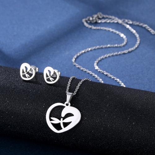 Fashion Stainless Steel Jewelry Sets, 304 Stainless Steel, Stud Earring & necklace, Heart, polished, for woman 
