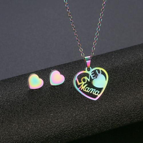 Fashion Stainless Steel Jewelry Sets, 304 Stainless Steel, Stud Earring & necklace, Heart, polished, for woman, multi-colored Approx 45 cm 