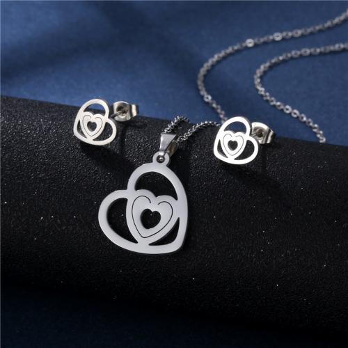 Fashion Stainless Steel Jewelry Sets, 304 Stainless Steel, Stud Earring & necklace, Heart, polished, for woman Approx 45 cm 