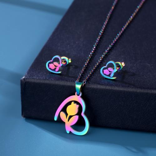 Fashion Stainless Steel Jewelry Sets, 304 Stainless Steel, Stud Earring & necklace, Flower, polished, for woman, multi-colored 