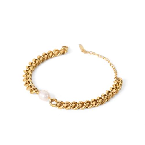 Stainless Steel Chain Bracelets, 304 Stainless Steel, with Plastic Pearl, Vacuum Ion Plating, fashion jewelry & for woman, golden Approx 23 cm 