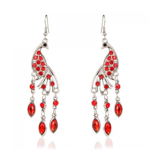 Zinc Alloy Rhinestone Drop Earring, Peacock, antique silver color plated, for woman & with rhinestone 