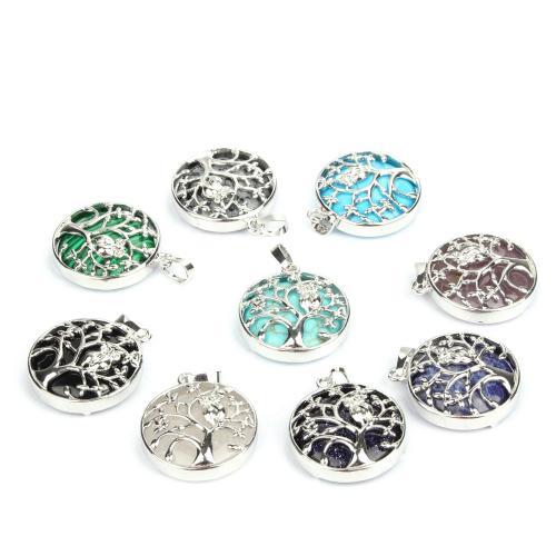 Gemstone Zinc Alloy Pendants, Natural Stone, with Zinc Alloy, Flat Round, silver color plated, fashion jewelry & DIY 