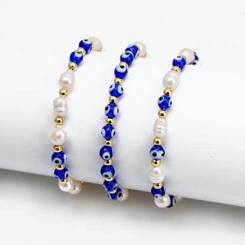 Evil Eye Jewelry Bracelet, Lampwork, with Plastic Pearl & Brass, gold color plated, fashion jewelry & Unisex Approx 18 cm 