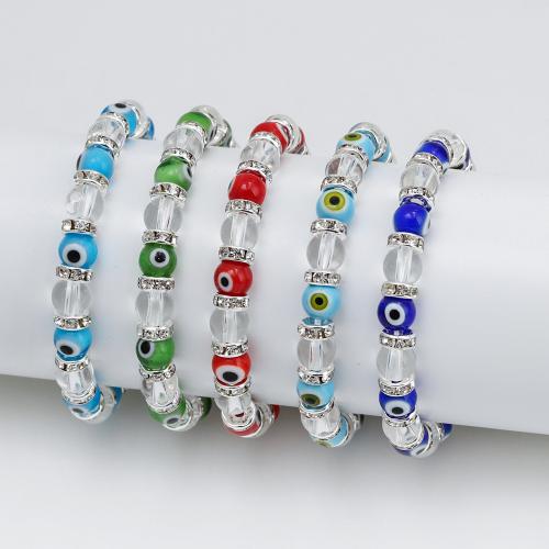 Evil Eye Jewelry Bracelet, Glass, with Lampwork & Zinc Alloy, Round, silver color plated, fashion jewelry & Unisex & with rhinestone 8mm Approx 17.5 cm 