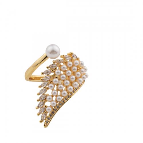 Cubic Zirconia Micro Pave Brass Finger Ring, with Plastic Pearl, 14K gold plated, fashion jewelry & micro pave cubic zirconia & for woman Inner Approx 17mm 
