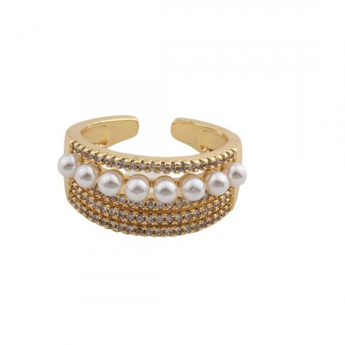 Cubic Zirconia Micro Pave Brass Finger Ring, with Plastic Pearl, 14K gold plated, fashion jewelry & micro pave cubic zirconia & for woman Inner Approx 18mm 